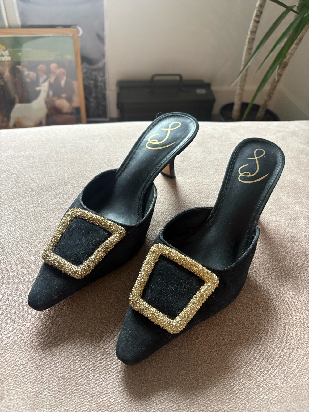 Black Pointed Toe Mule Heels with Gold Buckle